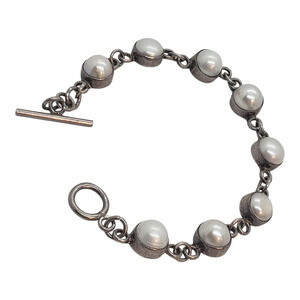 Vintage Sterling Silver 925 Genuine Pearl Bezel Link Chain Toggle Bracelet